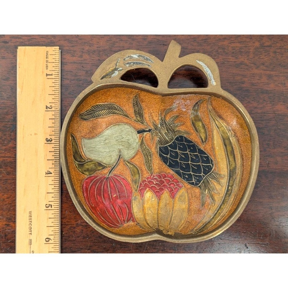 Vintage Enameled Brass Apple Shaped Trinket Dish Fruit Motif Gold Tone 6in - Picture 4 of 7